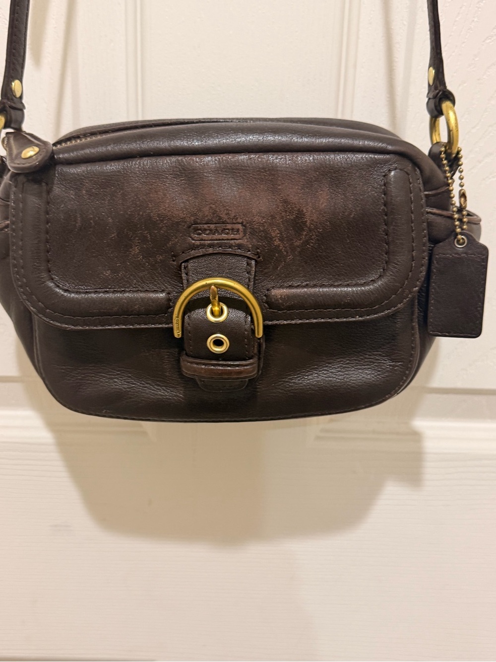 Coach Dark Brown Leather Crossbody with Gold Buckle Accent